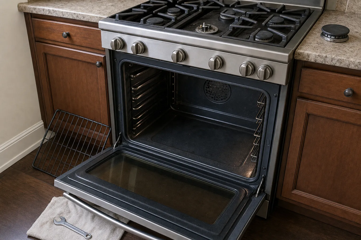 A stainless steel gas range with its oven door open and the racks lifted out, part-way through a service call