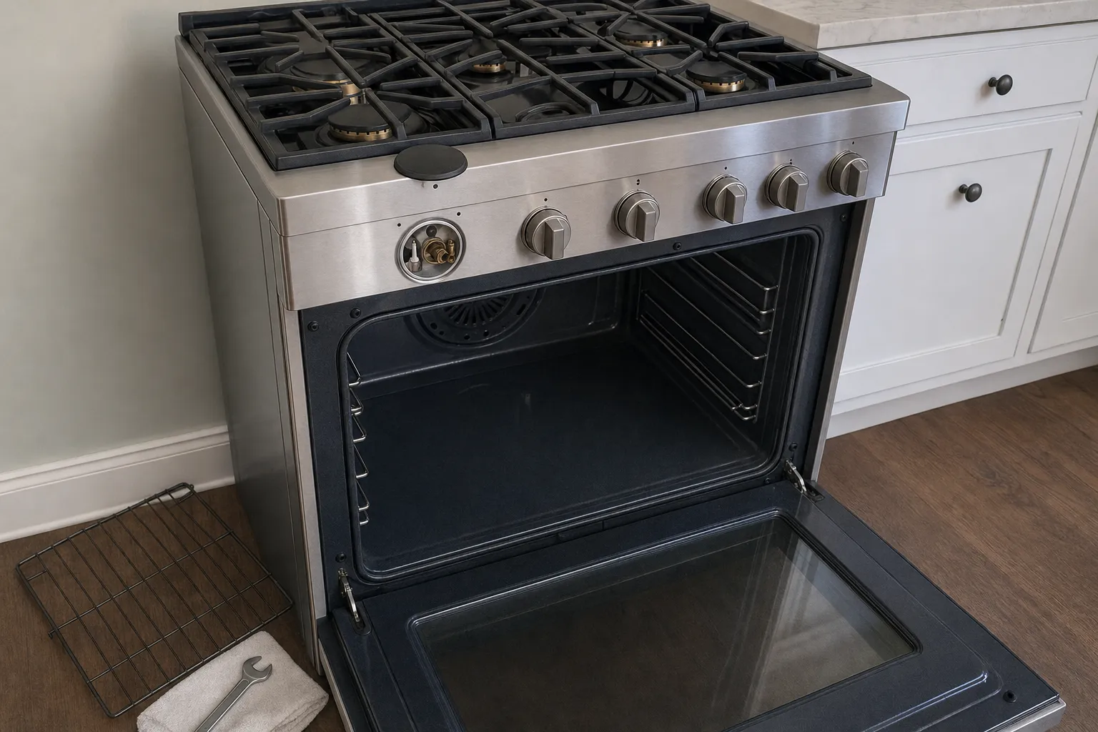 A professional-style gas range with the oven door open, waiting on a diagnostic