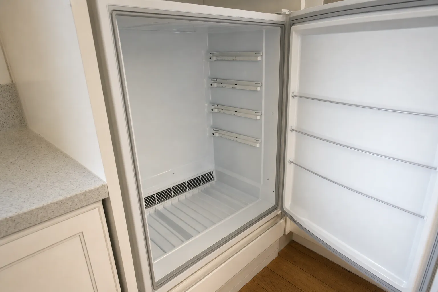 Built-in refrigerator compartment standing empty with its door swung open, adjustable shelf rails on the side wall and a vent grille low on the back wall, set in cream cabinetry beside a speckled worktop