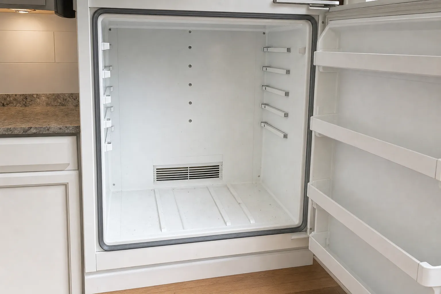 Open built-in refrigerator with a grey door gasket framing the empty white interior, shelf supports on both walls, a rear vent grille and three empty bins on the inside of the door